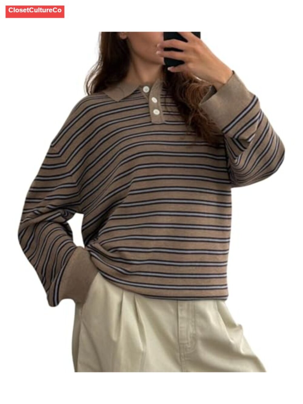 Women's Y2k Striped Rugby Shirt Long Sleeve Collared Polo Sweatshirt